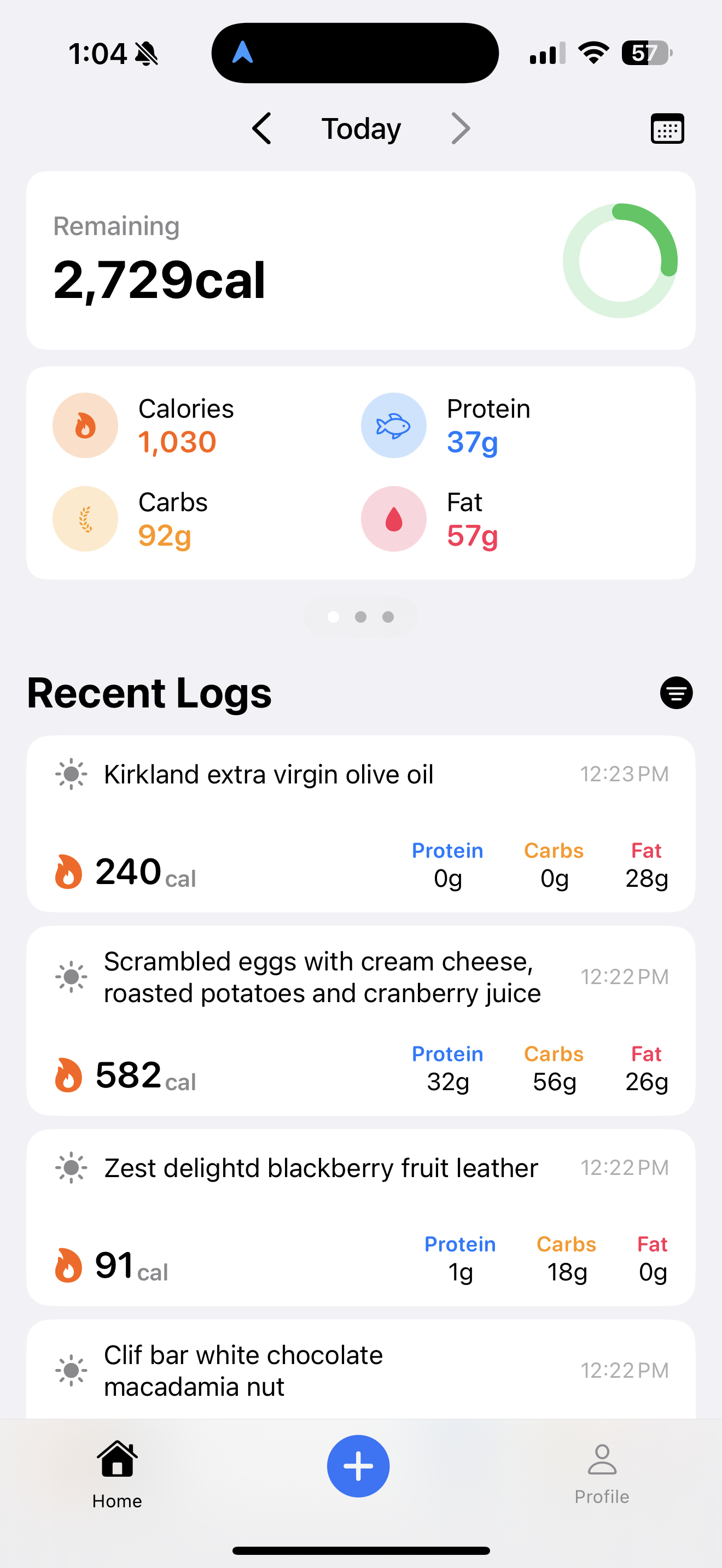 Calorie tracking app screenshot